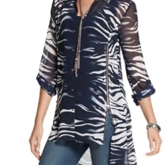Chico's Black Label Zebra Semi-sheer Zipper Tunic, Navy /White - Picture 6 of 7
